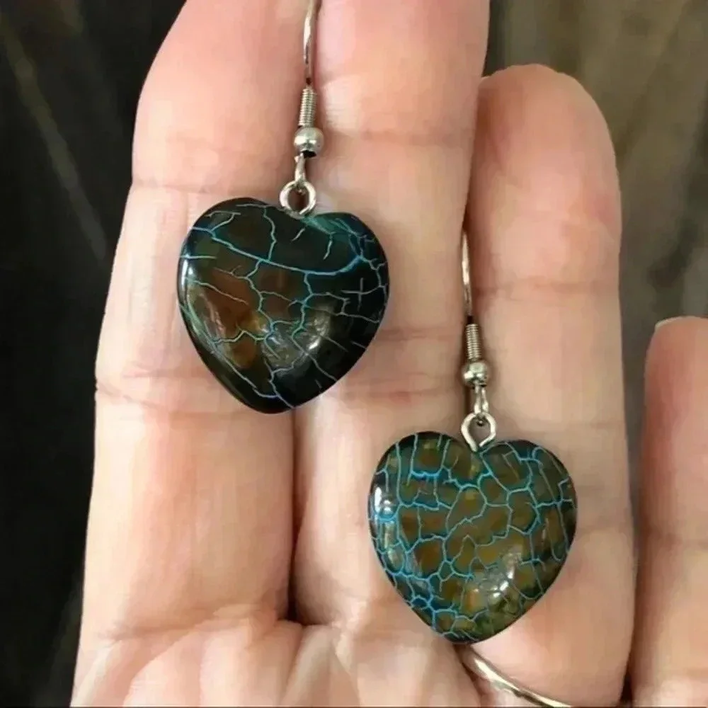 Brown & Blue Heart Dragon Vein Handmade Drop Earrings NWT - Picture 2 of 3